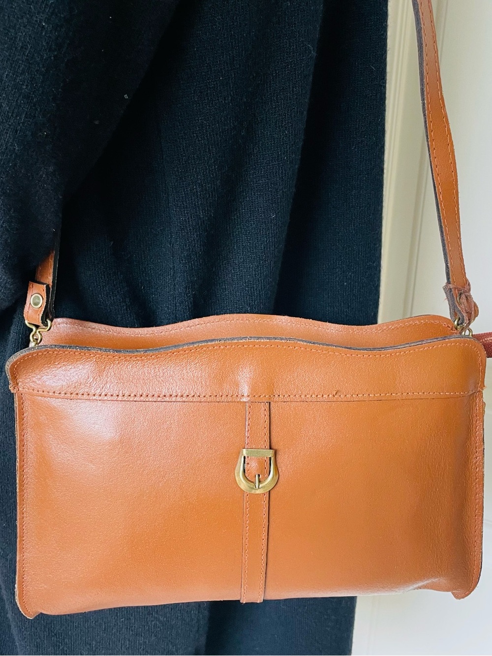 Vintage Genuine Leather Camel Brown Crossbody Bag | Made in Canada | Minimalist
